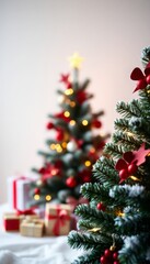 Obraz premium Festive Christmas trees with red decor, fairy lights, and wrapped gifts in soft focus