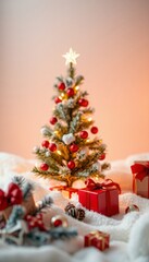 Festive Christmas tree with ornaments, gifts, and decorations in a cozy snow-like setting.