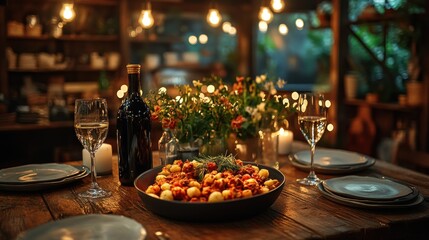Fototapeta premium A rustic wooden table set for dinner with a bowl of pasta, wine bottle, candles, and a bouquet of flowers in the background.