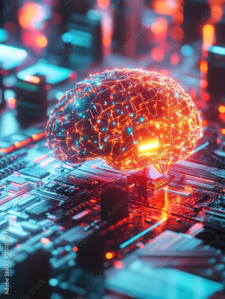 Poster abstract glowing brain with polygonal mesh on colorful tech background. artificial intelligence and 