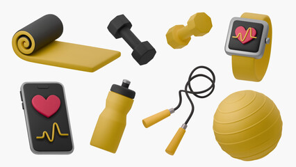 3D vector illustration of fitness equipment, including yoga mat, dumbbells, smartwatch, smartphone, water bottle, jump rope, and gym ball. Bright modern design, ideal for sports and wellness themes