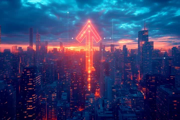 A cityscape view with a large, glowing arrow pointing upward in the sky, representing economic growth and sales performance © patchiya