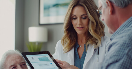 Female doctor is showing a medical device on a tablet to a patient during a consultation in a clinic. Female doctor using a digital tablet to display the treatment plan for an elderly person.