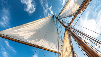 Fototapeta premium Modern sailing yacht with robes against clear blue sky, boat yacht sailing generated.AI