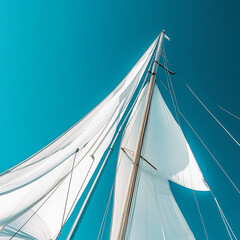 Fototapeta premium Modern sailing yacht with robes against clear blue sky, boat yacht sailing generated.AI