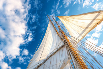 Fototapeta premium Modern sailing yacht with robes against clear blue sky, boat yacht sailing generated.AI