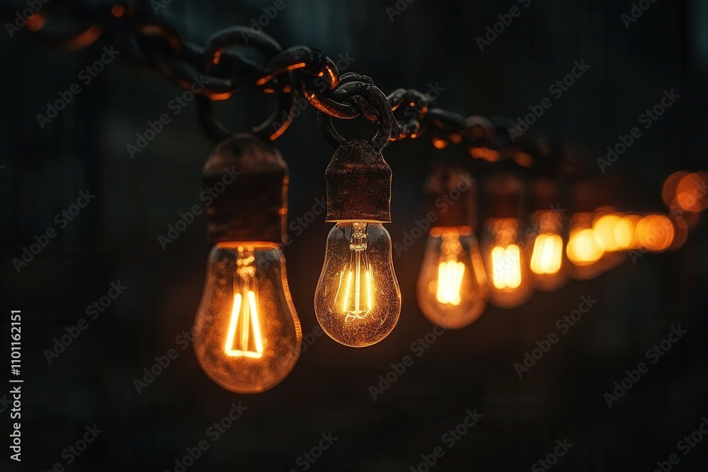Aufkleber A close-up view of glowing vintage-style light bulbs hanging in a line, creating a warm and inviting atmosphere against a dark background.