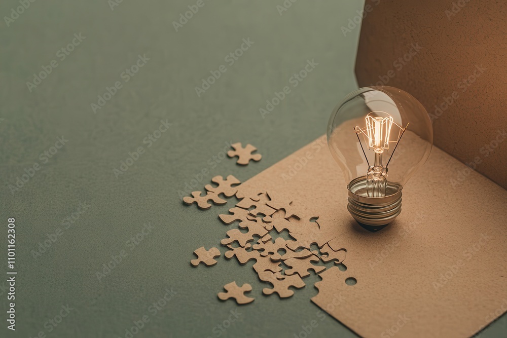 Poster a glowing light bulb rests beside scattered puzzle pieces on a textured surface, creating a warm and