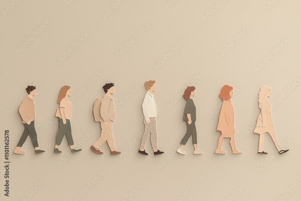 Poster A line of diverse, simplified figures walking across a neutral background, representing motion and unity in a minimalist art style.