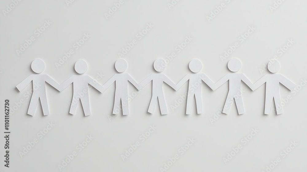 Poster A series of white paper cutouts of human figures lined up against a plain background, symbolizing unity or teamwork.