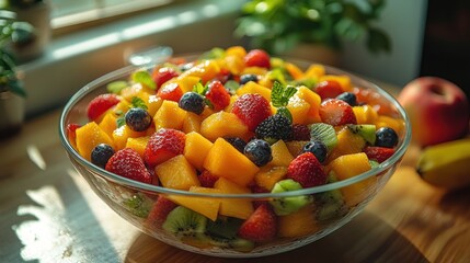 A large glass bowl filled with a colorful fruit salad, including mango, kiwi, strawberries, blueberries, and mint leaves. The bowl sits on a wooden table near a window.
