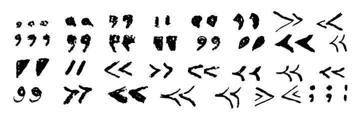 Set of quotation marks symbols. Black crayon handwritten text signs. Collection of icons for quoting statements, direct speech in speech bubble. Vector sketch or graffiti style of punctuation marks