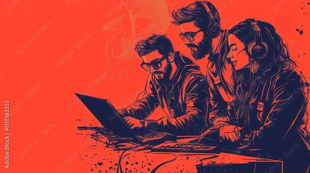 Poster three individuals collaborate over a laptop against a vibrant orange background, emphasizing teamwor