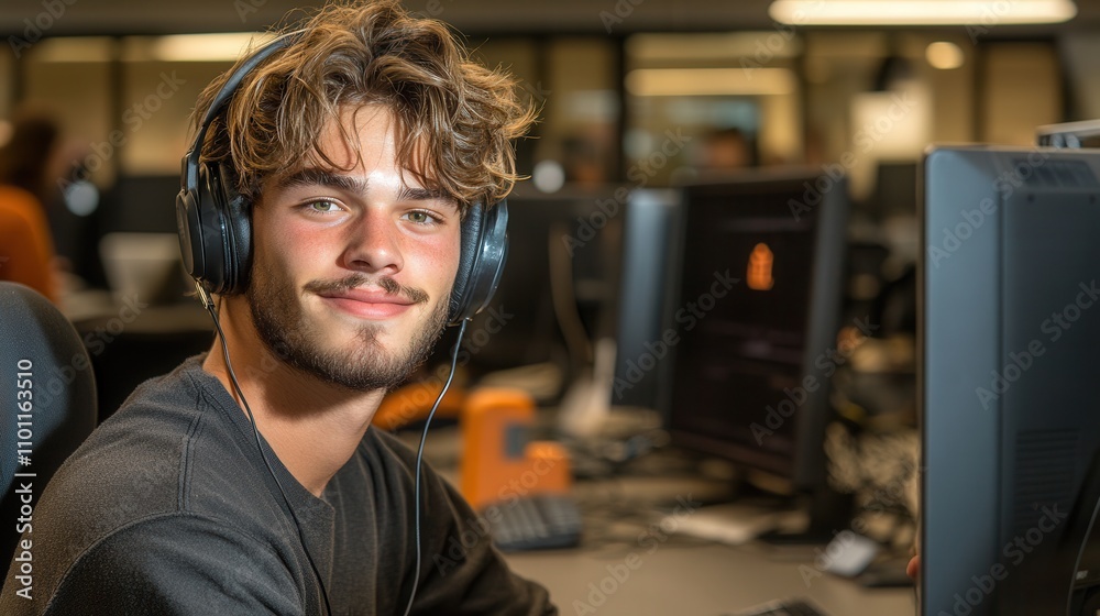 Poster a young man with headphones smiles at the camera, sitting in front of computers in a vibrant, tech-f