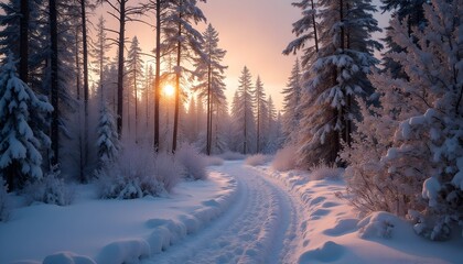 Fototapeta premium Sunlit Winter Forest with Snowy Road and Fir Trees