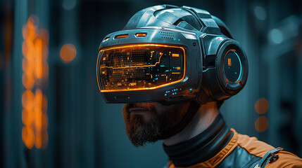 Fototapeta premium Close-up of man wearing futuristic virtual reality headset with digital interface indoors