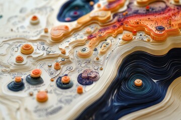 Abstract colorful topographic map with 3D paper layers.