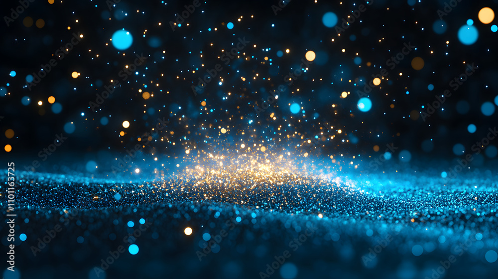 Poster A mesmerizing display of glowing particles and shimmering lights in shades of blue and gold, creating a magical, ethereal atmosphere