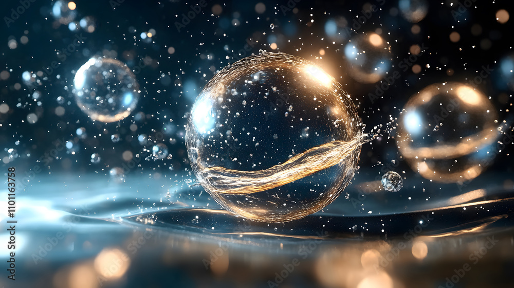 Poster The image depicts shimmering bubbles floating in water, illuminated by soft light, creating a serene and enchanting atmosphere
