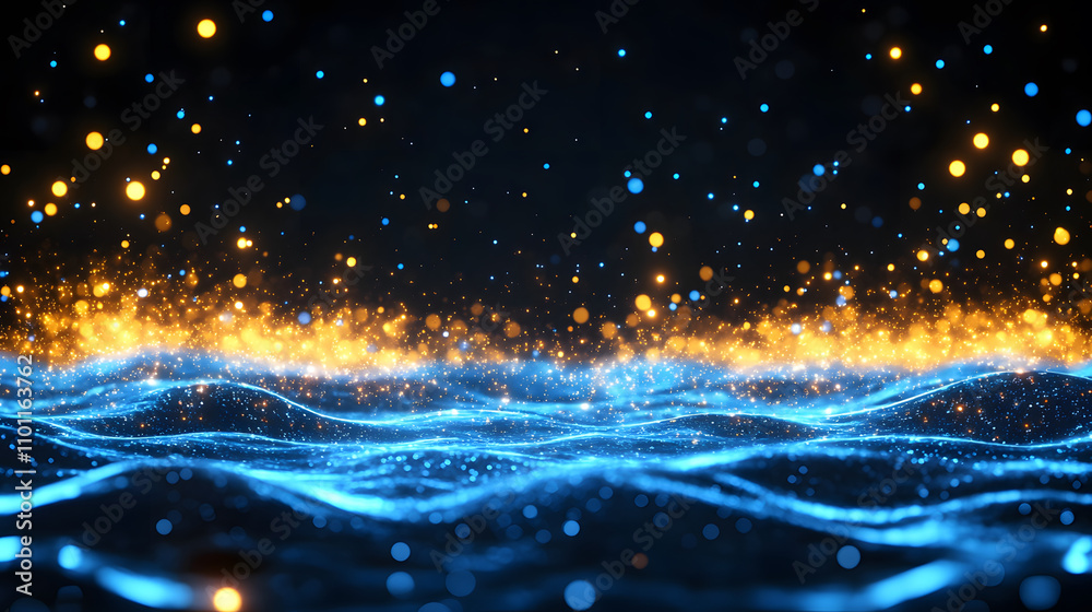 Poster a vibrant, abstract representation of shimmering blue waves illuminated by golden sparkles against a