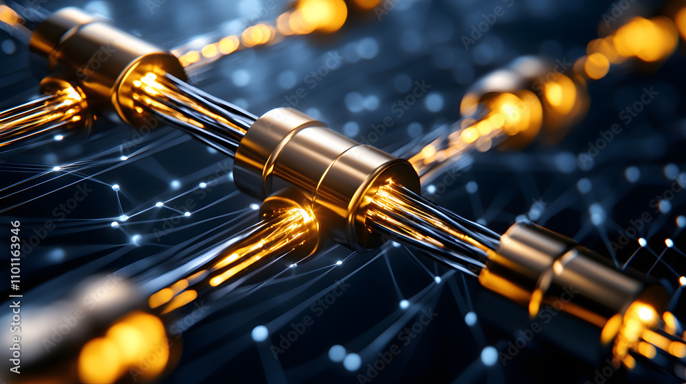 Poster a close-up of interconnected golden wires against a dark, digital background, showcasing a network o