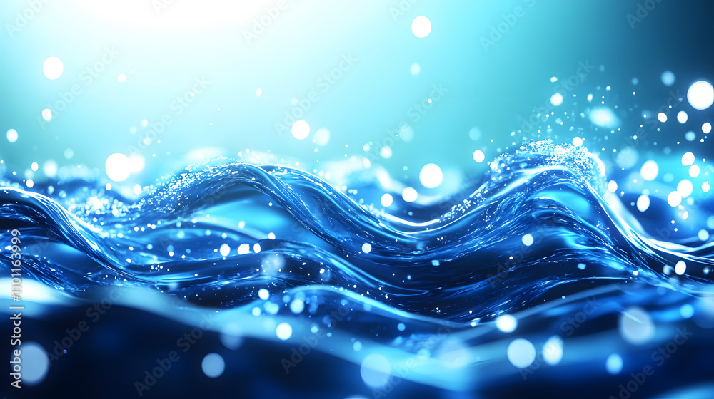 Poster a serene image of sparkling blue water waves, illuminated by light, creating a tranquil and calming 