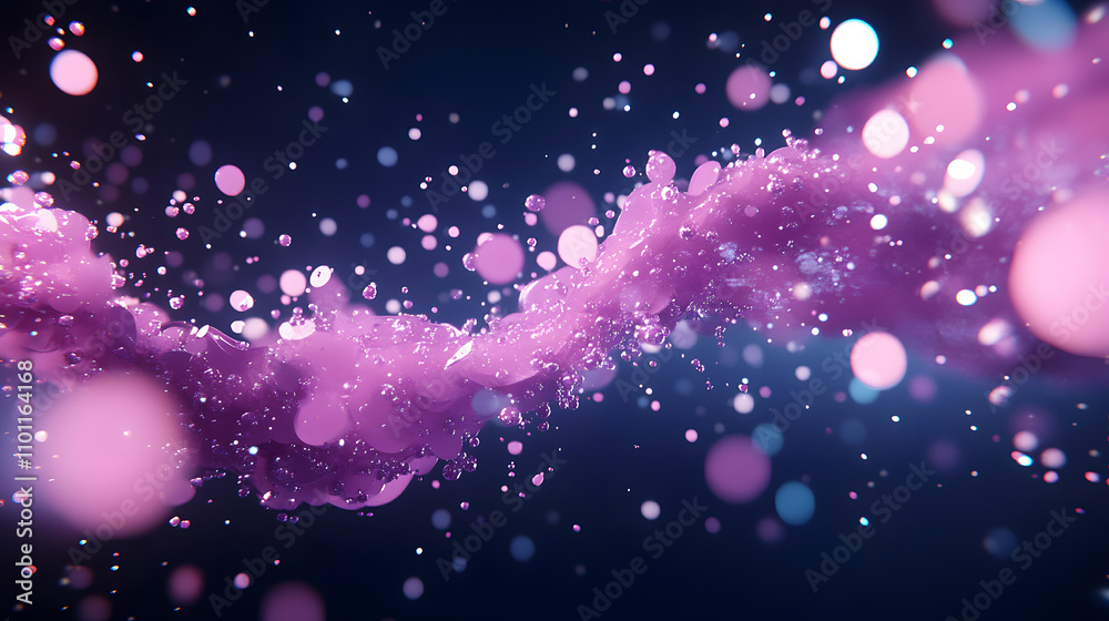 Poster a vibrant, abstract design featuring swirling pink particles and luminous bokeh against a dark backg