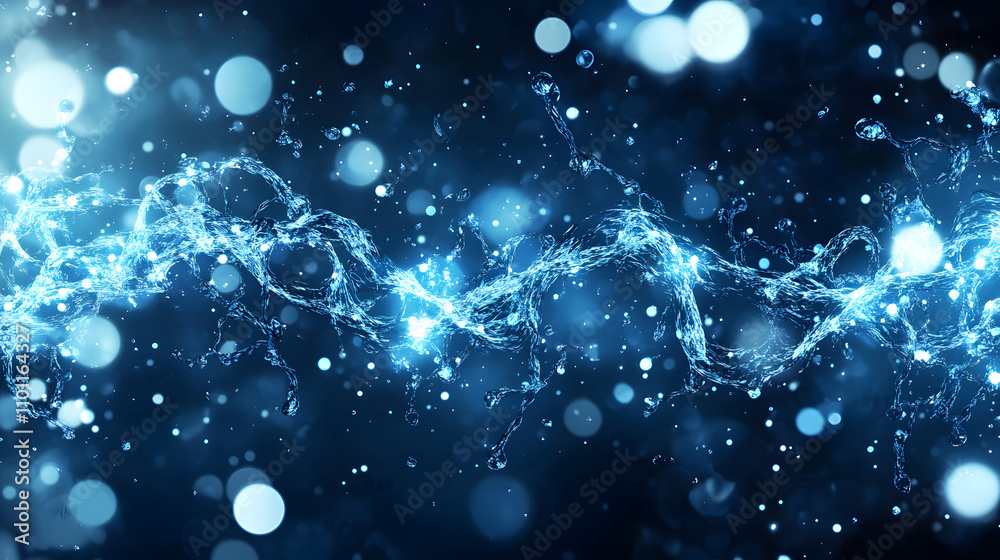 Poster A shimmering blue background with flowing light trails and glimmering particles, creating a mystical and dynamic atmosphere