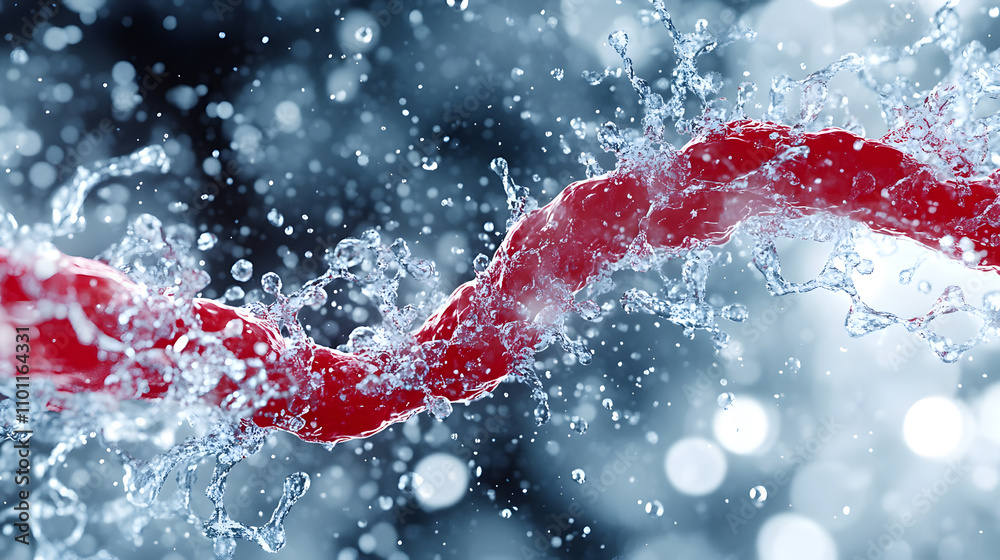 Poster a vibrant red rope twists through splashes of water, creating a dynamic contrast against a blurred, 