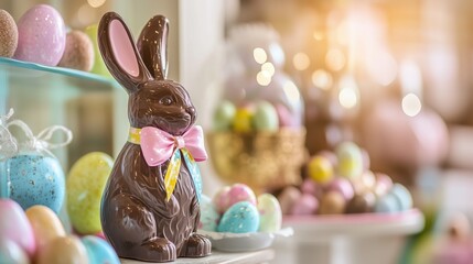 Easter celebration with chocolate bunny and colorful eggs in beautiful spring setting