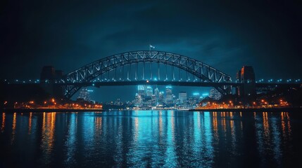 Fototapeta premium An illuminated steel arch bridge at night, glowing against the city lights