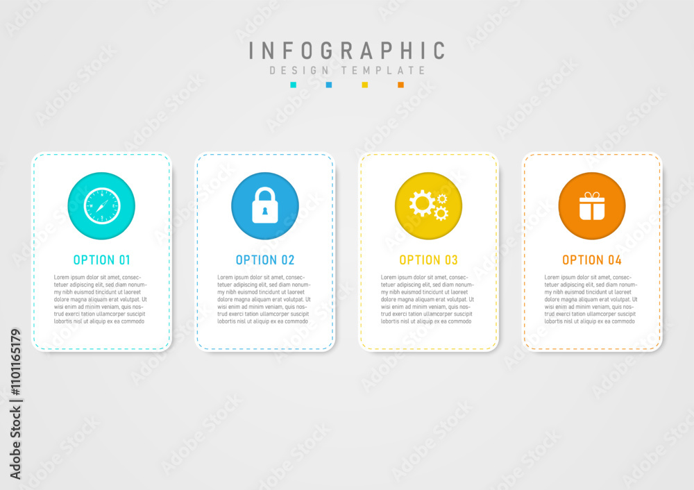 Wall mural business options infographic template white square with multi-colored dotted outline. the multi-colo