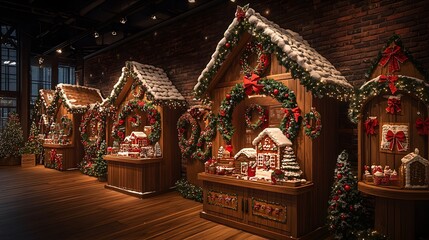 A row of holiday themed booths selling wreaths, ornaments, and gingerbread houses
