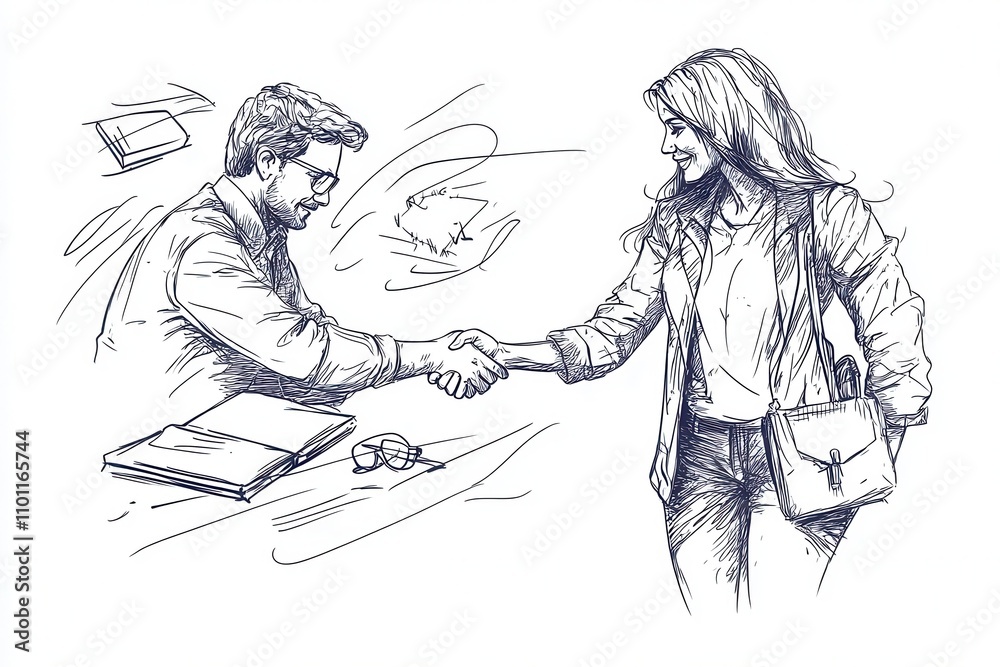 Poster a sketch of a business handshake between a man and woman, with a desk and documents in the backgroun