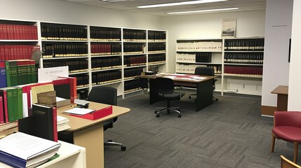 Modern Law Office with Bookshelves and Workstations