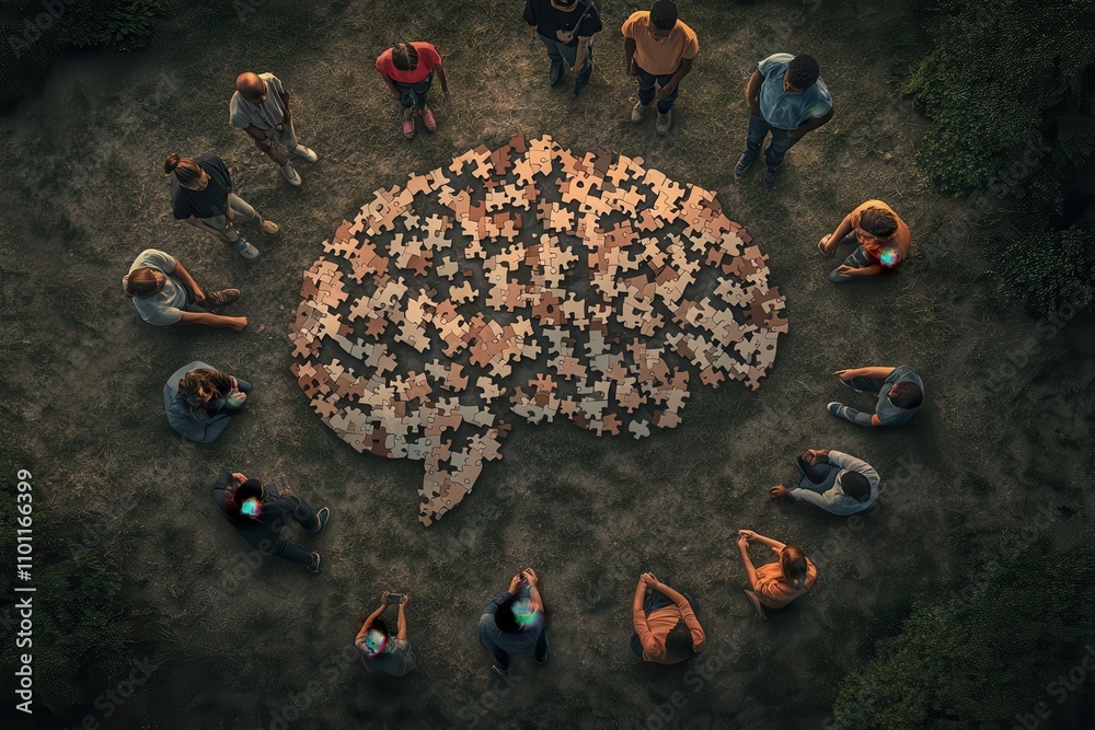 Poster Aerial view of people gathered around a large, puzzle-piece brain, symbolizing teamwork and collaboration in problem-solving.