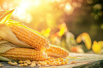 Close up of corn on a wooden table background of the field generated.AI