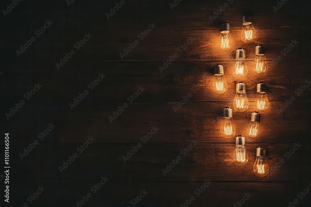 Aufkleber a serene arrangement of glowing bulbs on a dark wooden surface, creating an inviting and warm ambian