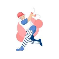 A vector illustration of a cricket player on a green background, wearing gear and representing the sport played on a team in a stadium or field with a ball.