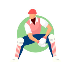 A vector illustration of a cricket player in action, positioned against a green circular background. The man is wearing protective gear, representing the sport played on a team in a stadium or field.