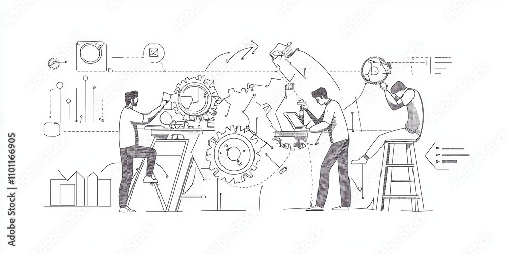 Poster a sketch of people working collaboratively on a global project, featuring gears, charts, and tools, 