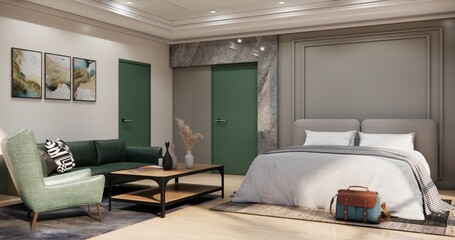 Rendered image of a bedroom with a living room inside, suitable for a small condo, green furniture.