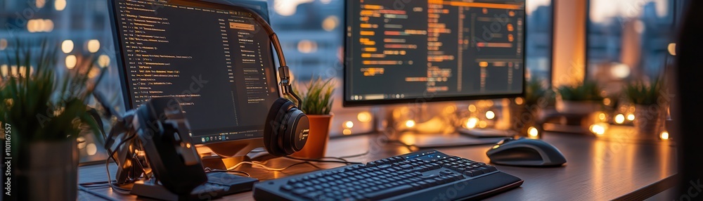 Poster A cozy workspace with dual monitors displaying code, surrounded by plants and ambient lights, ideal for programming or gaming.