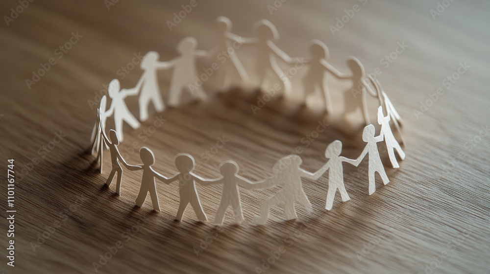 Poster a circular chain of paper cut-out figures holding hands, symbolizing unity, community, and connectio