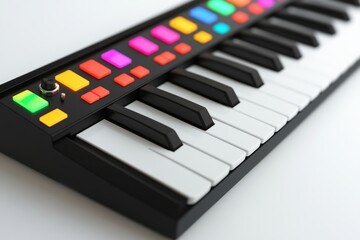 A vibrant synthesizer keyboard with colorful keys and pads. It shines with creativity and musical potential. Perfect for music production. Generative AI