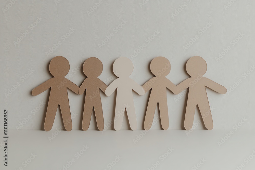 Poster A group of five paper cutout figures stands side by side, symbolizing unity and togetherness in a minimalist design.