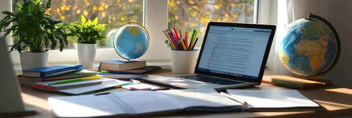 Laptop, books, and globes on a desk by a window.