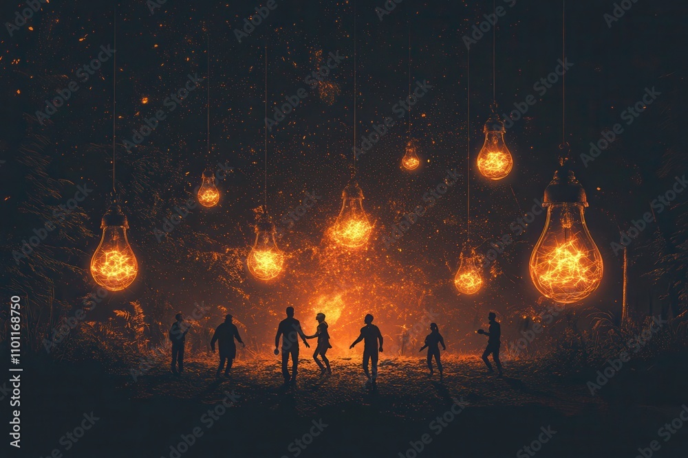 Poster a group of silhouetted figures stands in a dark setting illuminated by glowing hanging light bulbs, 