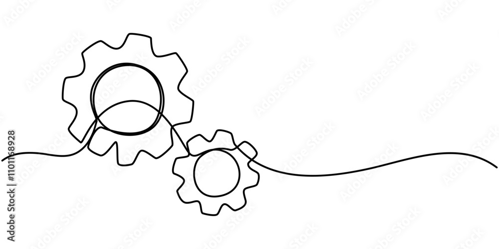 Poster continuous one line drawing of machine gear. one line drawing illustration of gear wheel. gear techn