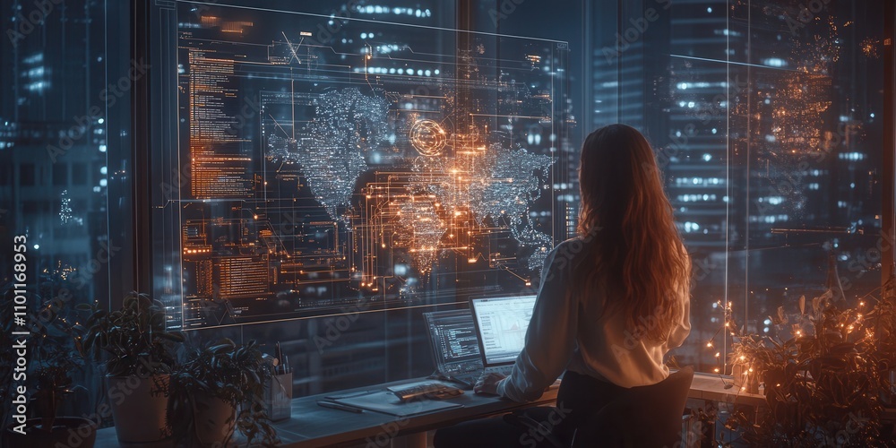 Poster A person gazes out at a vibrant cityscape, illuminated by digital data, while working on a computer in a modern office environment.